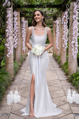 Isadora Silver wedding dress with bouquet