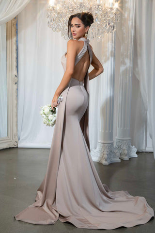 Liana Latte gown in taupe, elegant backless design.