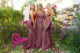 Lilo Dusty Plum gowns, three women posing outdoors