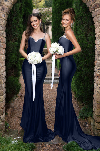 Louise Navy bridesmaid dresses with bouquets