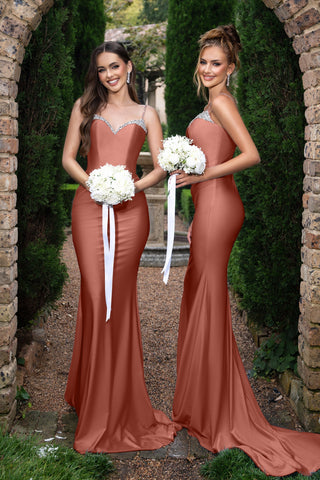 Louise in rust bridesmaid dresses with bouquets