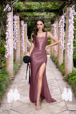 Madelyn in Dusty Plum gown with slit