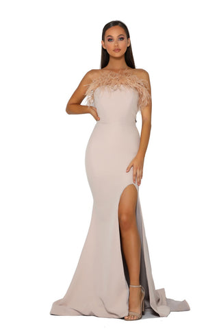 PS2026 Nude Gown with Feather Detail & Leg Slit