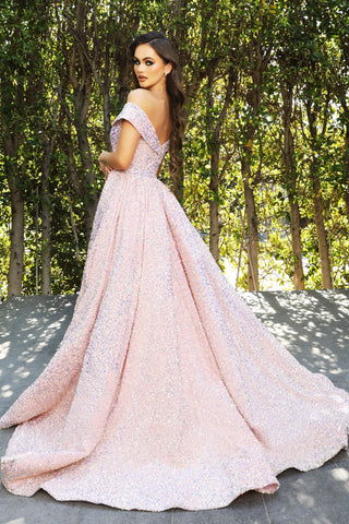 Pink PS21026 dress with off-the-shoulder neckline.