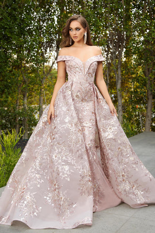 PS21037-STONE off-shoulder formal gown with floral detail