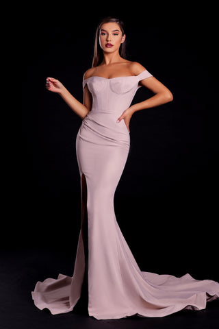 Mauve off-shoulder gown PS21045 with high slit