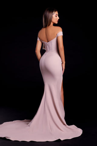 Mauve off-shoulder gown, PS21045, with a slit and train.
