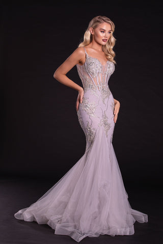 Lilac mermaid prom dress with embellished bodice.