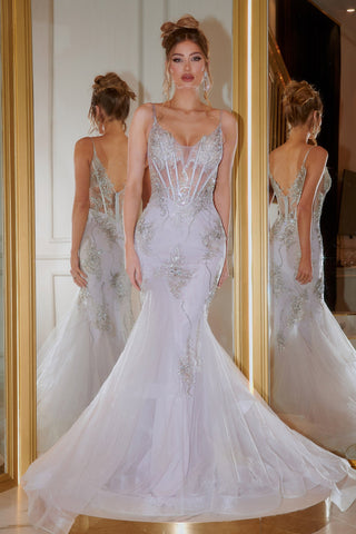 Silver mermaid gown with intricate beading