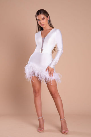 PS21113-WHITE white feather cocktail dress