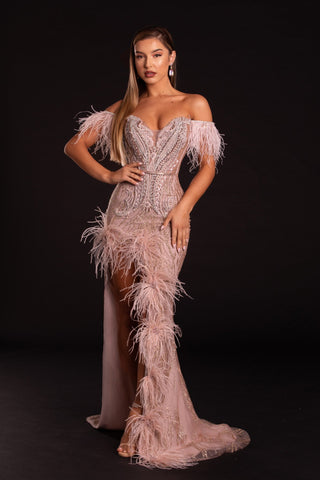 Rose Gold Feathered Evening Gown