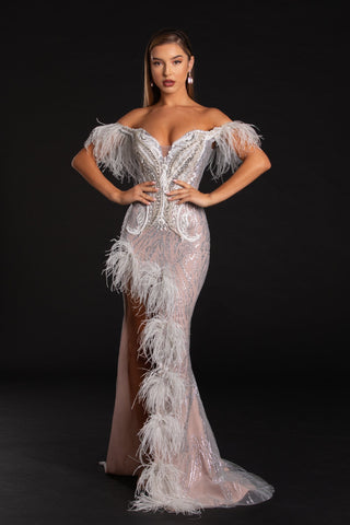 PS21127 Silver Off-the-Shoulder Feather Gown