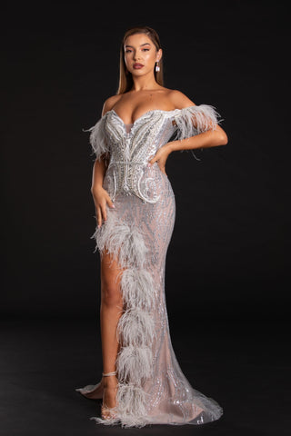 Silver off-shoulder feather gown PS21127