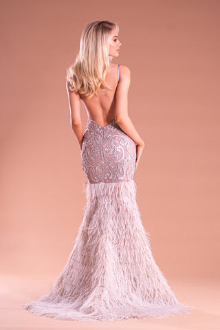 PS21128-SILVER- Backless Feathered Gown