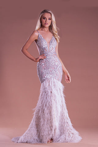 Silver beaded feather gown