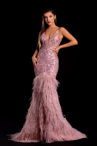 Blush PS21128 Sequin & Feather Evening Gown