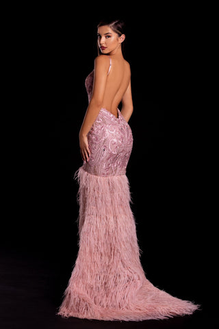 PS21128 BLUSH gown with feather train