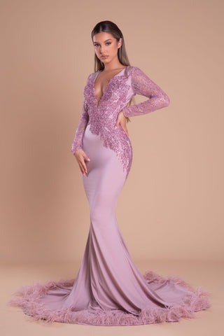 PS21139 PINK mermaid gown with long sleeves