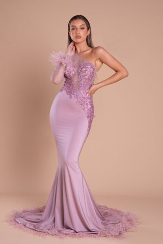 Pink one-shoulder formal gown with feather detail