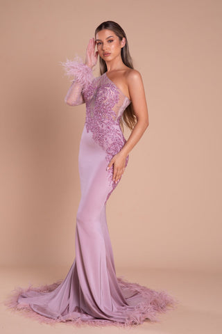Pink one-shoulder formal gown with feather trim