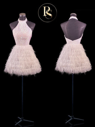 PS21143 white feather mini dress on mannequin