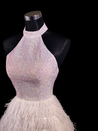 White beaded halter dress with feather skirt