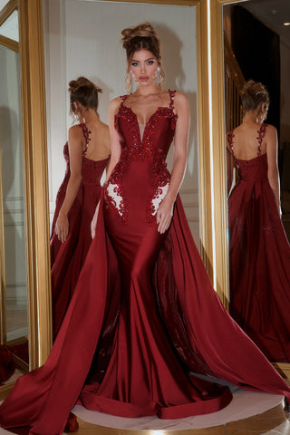 Red evening gown PS21170RED-1 with train