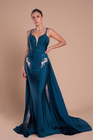 Teal PS21170 evening gown with train