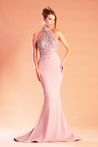 Elegant pink gown with beaded bodice