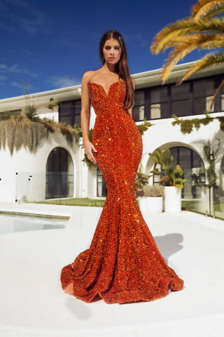 Burnt Orange Sequin Gown - PS21208 Full Background