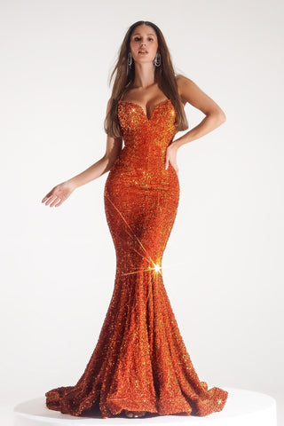 Burnt orange sequin gown, PS21208.