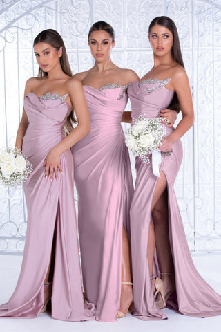 Mauve bridesmaid dresses with thigh slits