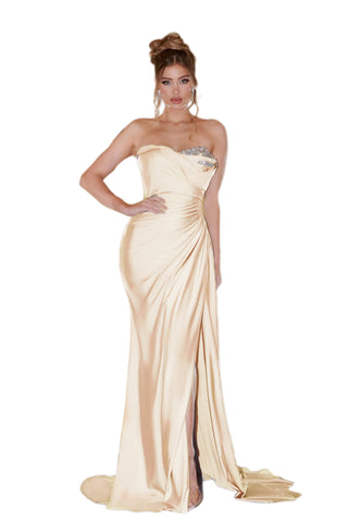 Champagne colored strapless gown, PS21218