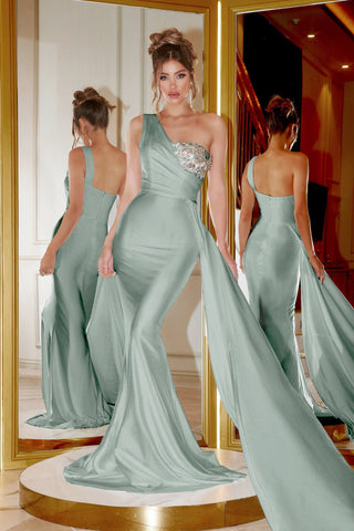 Olive green one-shoulder gown