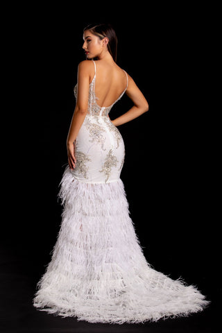 PS21220 Ivory & Gold Feathered Gown