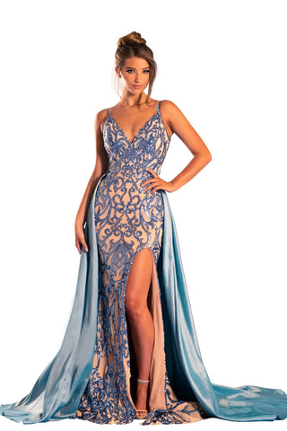 Blue embellished prom dress with slit