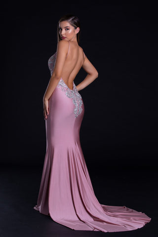 Blush pink formal gown with open back