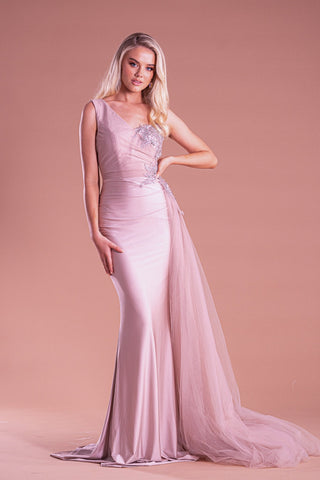 Mauve evening gown, PS21229, with tulle train.