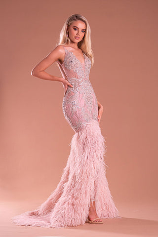 PS21247 Pink Feathered Evening Gown