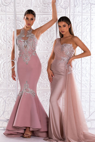 Dusty rose & stone formal gowns