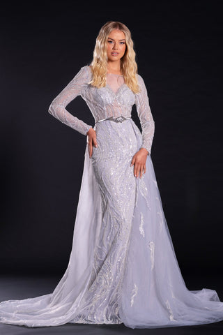 Silver PS21252 long-sleeve formal gown with train