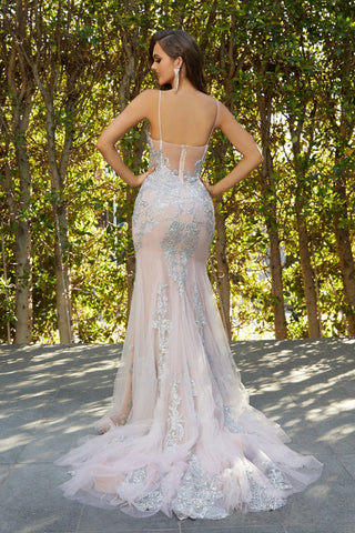 PS21285SILVERNUDE gown, elegant silver and nude formal dress