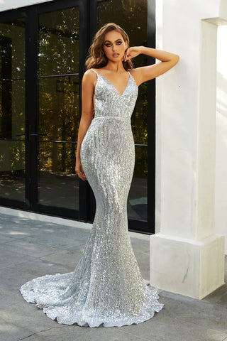 Women's sequin formal gown with spaghetti straps