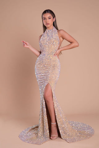 Gold sequin halter gown with thigh slit