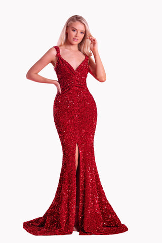PS21308RED Red Sequin Evening Gown with Slit