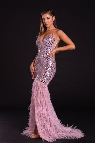 Pink & Silver Sequin Gown with Feathers