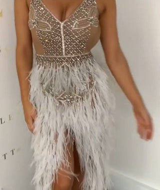 PS21415CSILVERNUDE feather embellished dress