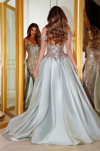 Silver nude gown PS21505 in mirror reflection.