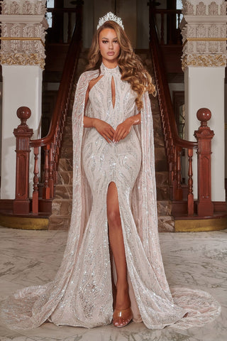 Ivory sequin gown with cape and tiara