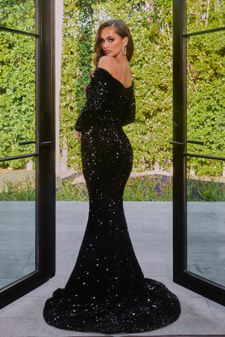 Black sequin off-shoulder gown